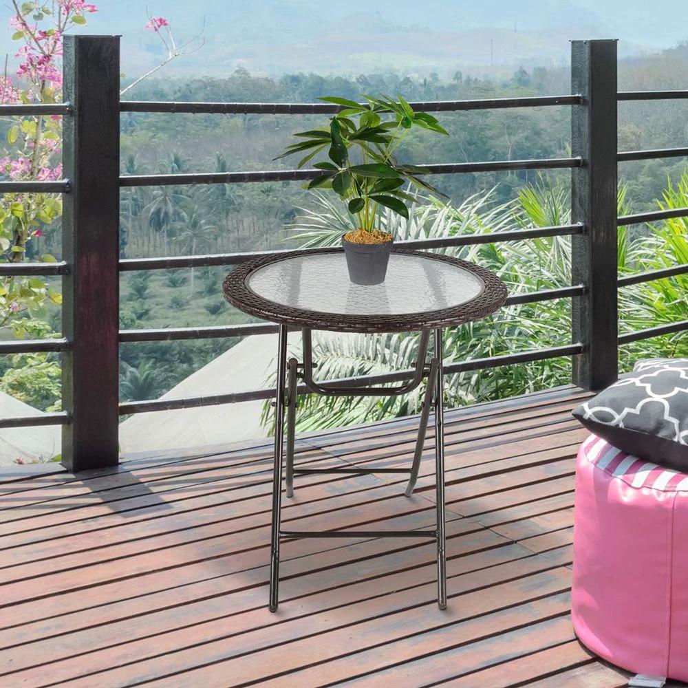 Outsunny Folding Round Tempered Glass Metal Table with Brown Rattan Edging by Outsunny