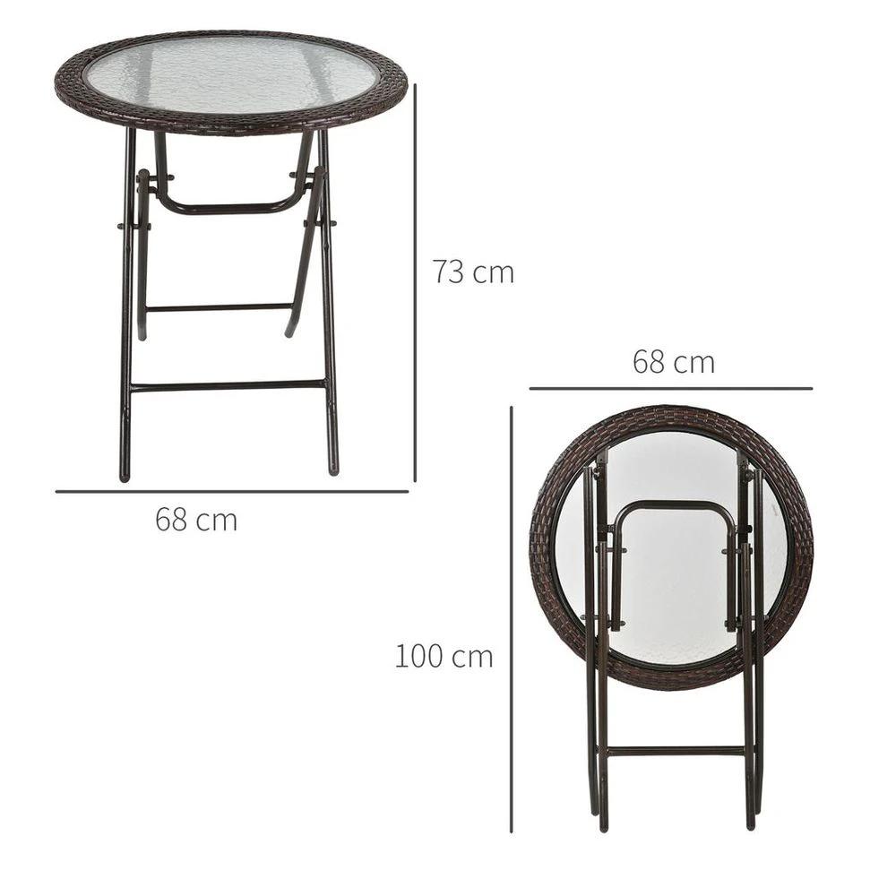 Outsunny Folding Round Tempered Glass Metal Table with Brown Rattan Edging by Outsunny