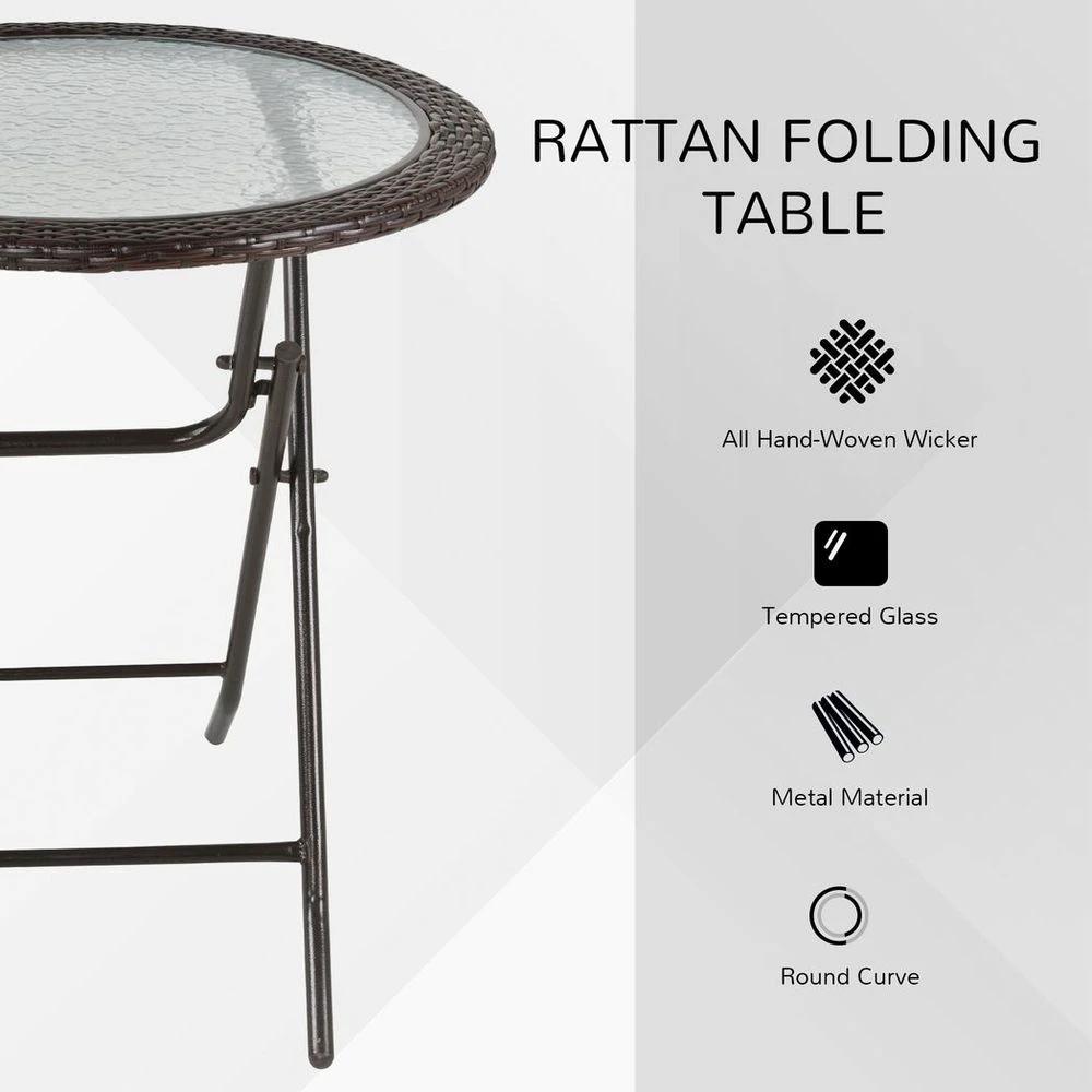 Outsunny Folding Round Tempered Glass Metal Table with Brown Rattan Edging by Outsunny