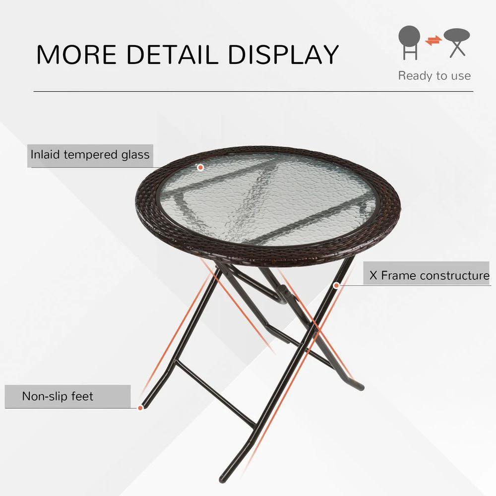 Outsunny Folding Round Tempered Glass Metal Table with Brown Rattan Edging by Outsunny