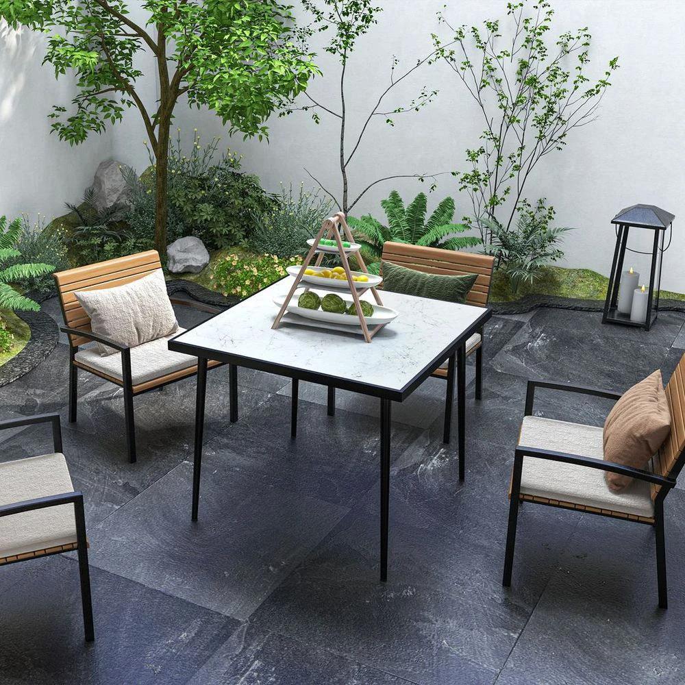Outsunny Outsunny Outdoor Dining Table for 4 with Marble Effect Tempered Glass Top White - Uncategorized Garden Table