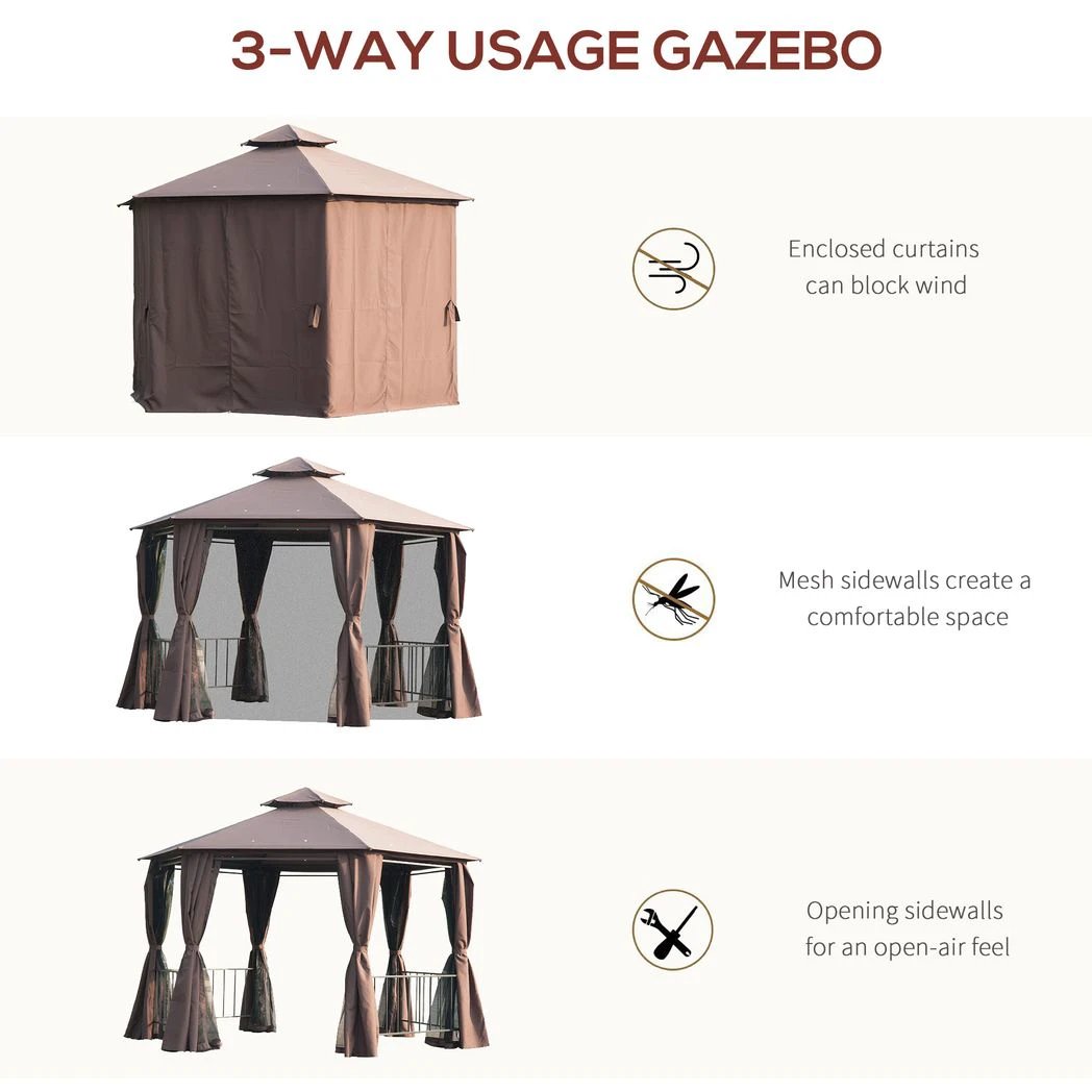 Outsunny Hexagon Gazebo Patio Party Tent Outdoor Garden Shelter 2 Tier Roof & Side Panel - Gazebos