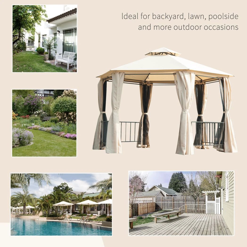 Outsunny Hexagon Gazebo Patio Party Tent Outdoor Garden Shelter 2 Tier Roof & Side Panel - Gazebos