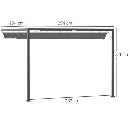 Outsunny 3x3m Pergola Retractable Canopy Wall Mounted Gazebo Sun Shade, Grey - Gazebos