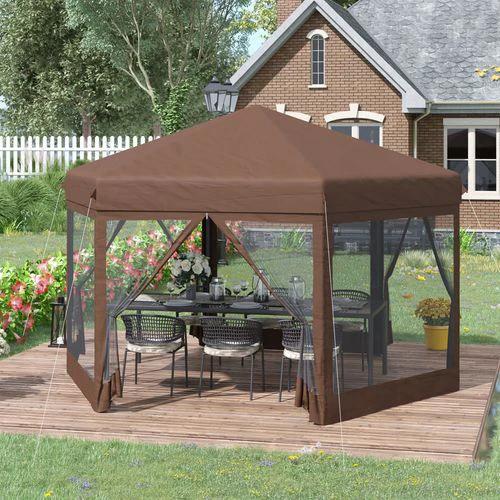Outsunny Hexagonal Garden Gazebo Shelter Adjustable with Mosquito Net Brown - Gazebos