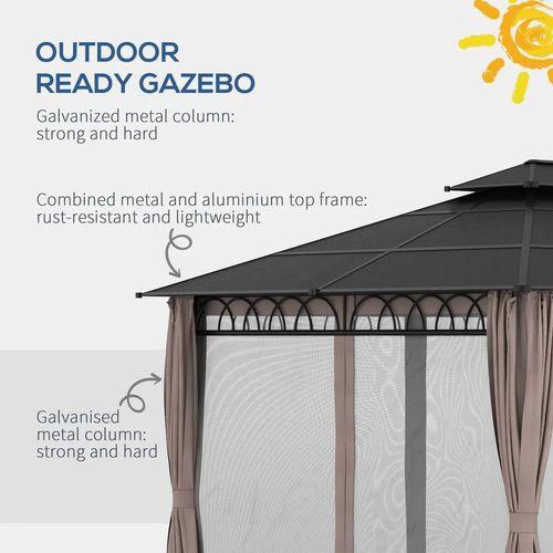 Outsunny 3.6 x 3 (m) Double Roof Hard Top Gazebo with Nettings & Curtains by Outsunny