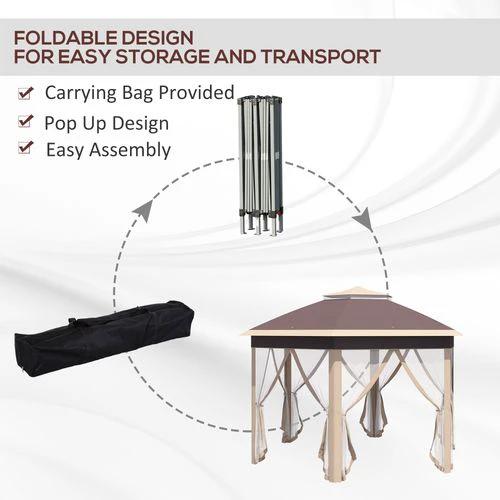 Outsunny Outsunny 3x4m Hexagon Gazebo w/ Metal Frame Mesh Curtains Outdoor Garden, Khaki - Gazebos