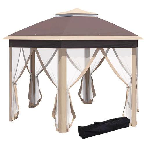 Outsunny Outsunny 3x4m Hexagon Gazebo w/ Metal Frame Mesh Curtains Outdoor Garden, Khaki - Gazebos