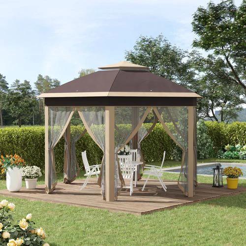 Outsunny Outsunny 3x4m Hexagon Gazebo w/ Metal Frame Mesh Curtains Outdoor Garden, Khaki - Gazebos