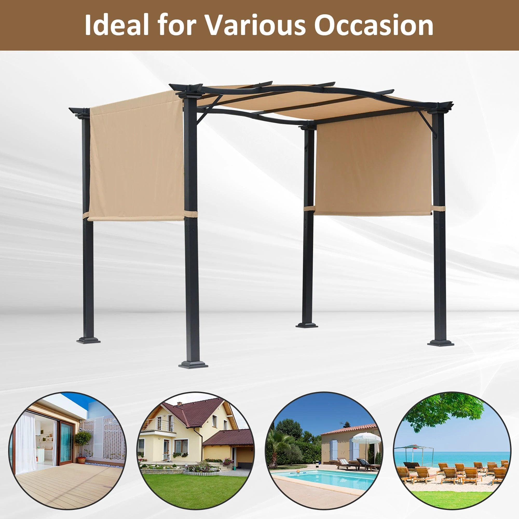 Outsunny Retractable Pergola Garden Gazebo 3x2.45x2.3m, Khaki - Uncategorized Gazebos