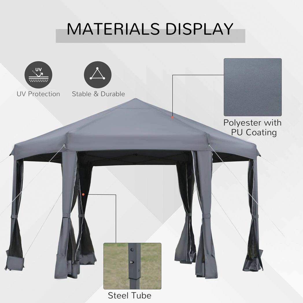 3.2m Pop Up Gazebo Hexagonal Tent Sun Protection with Mesh Sidewalls, Handy Bag by Outsunny