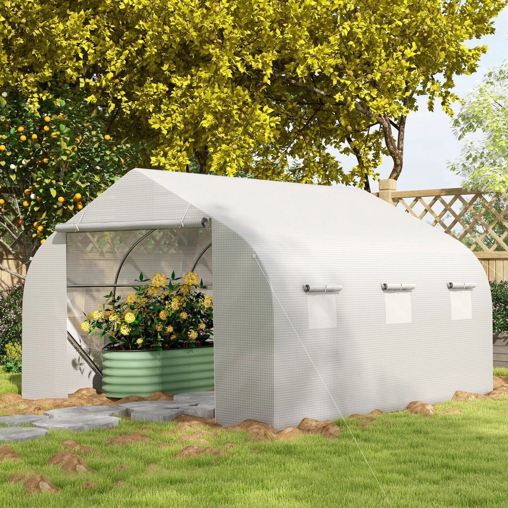 Outsunny PE Mesh Cover Galvanized Metal Frame Walk-In Greenhouse White - Greenhouse
