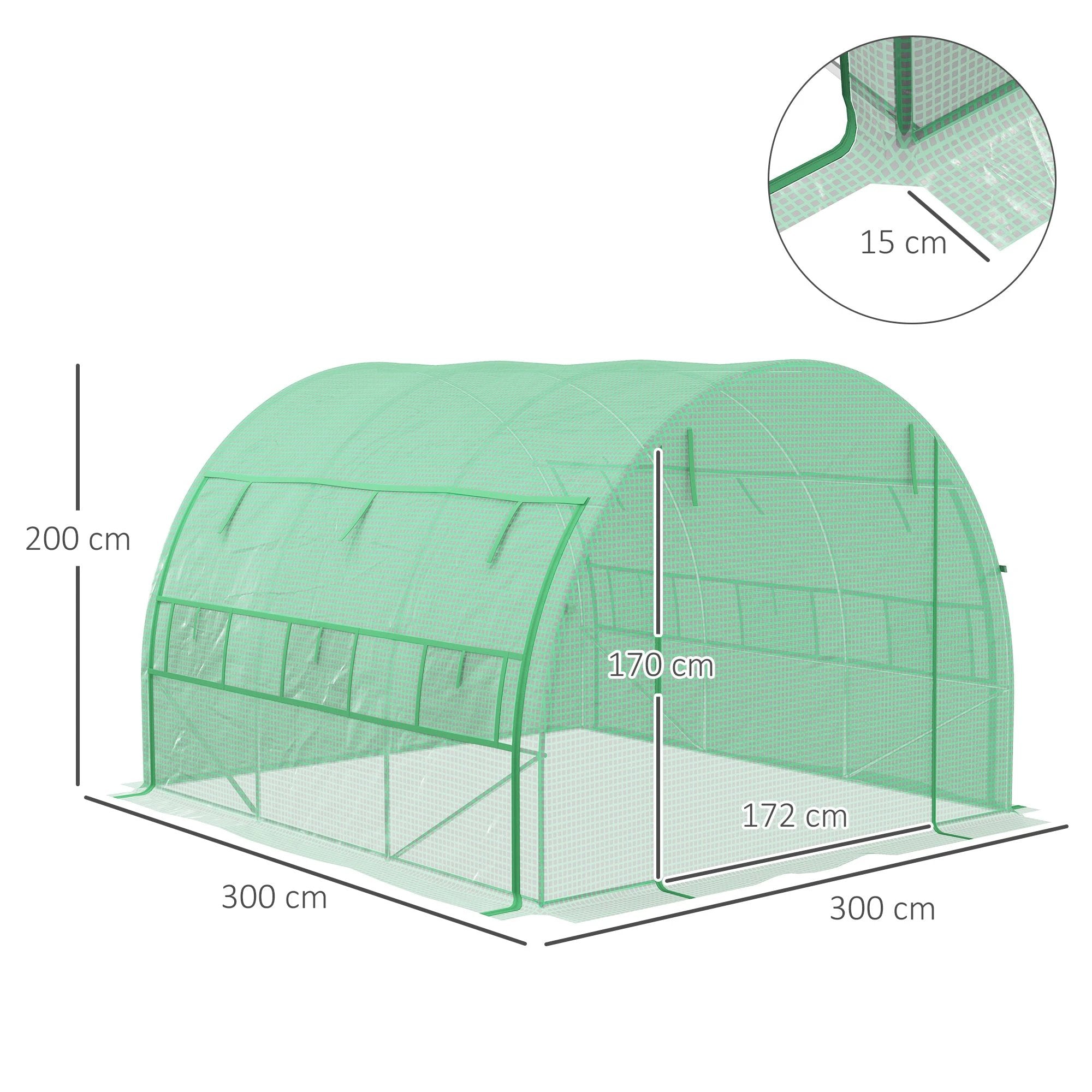 Outsunny 3 x 3 x 2 m Polytunnel Greenhouse Pollytunnel Tent w/ Steel Frame Green - Greenhouse