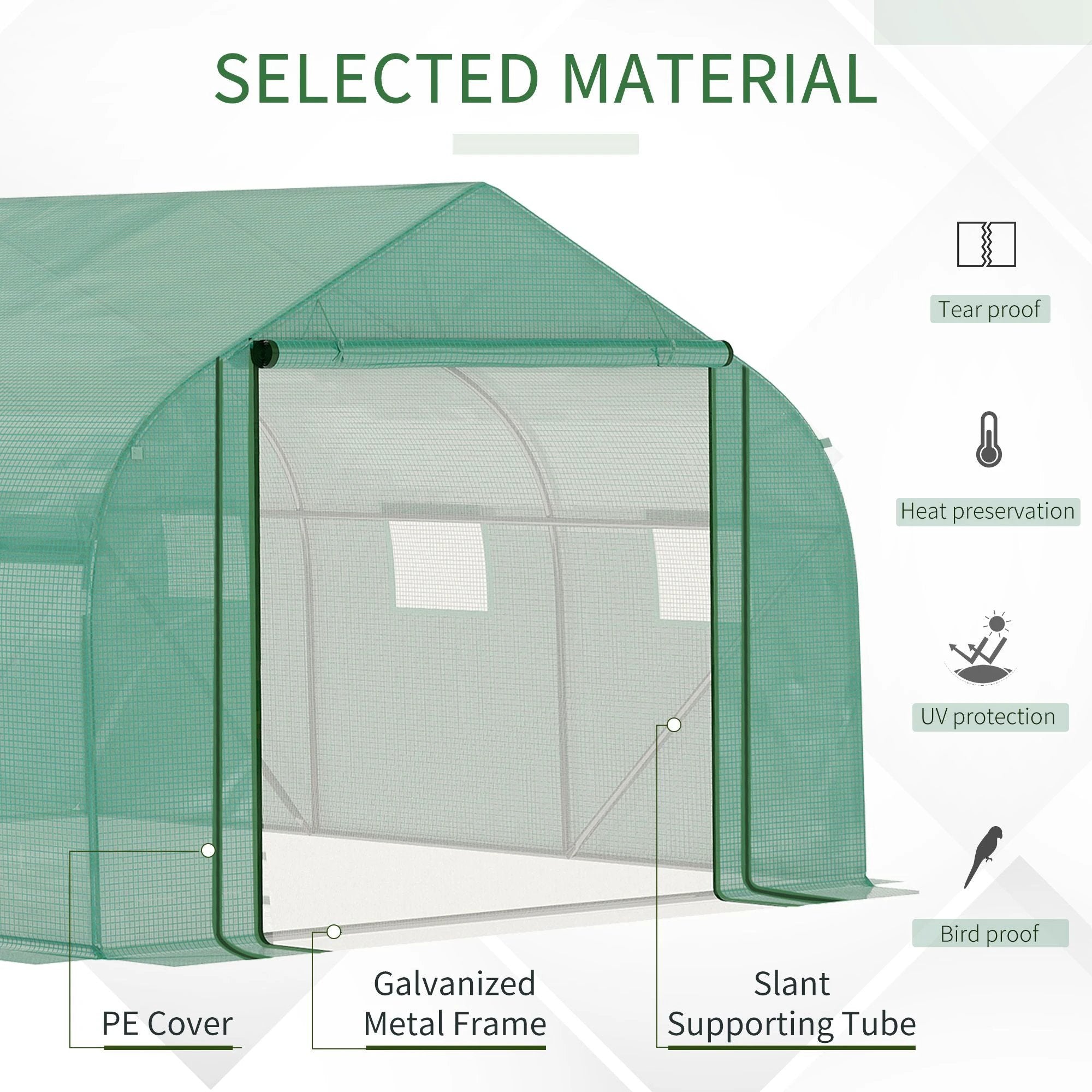 Outsunny Walk-in Garden Greenhouse Zippered Roll Up Door & 6 Windows, 3.5 x 3 x 2m, Green - Greenhouse