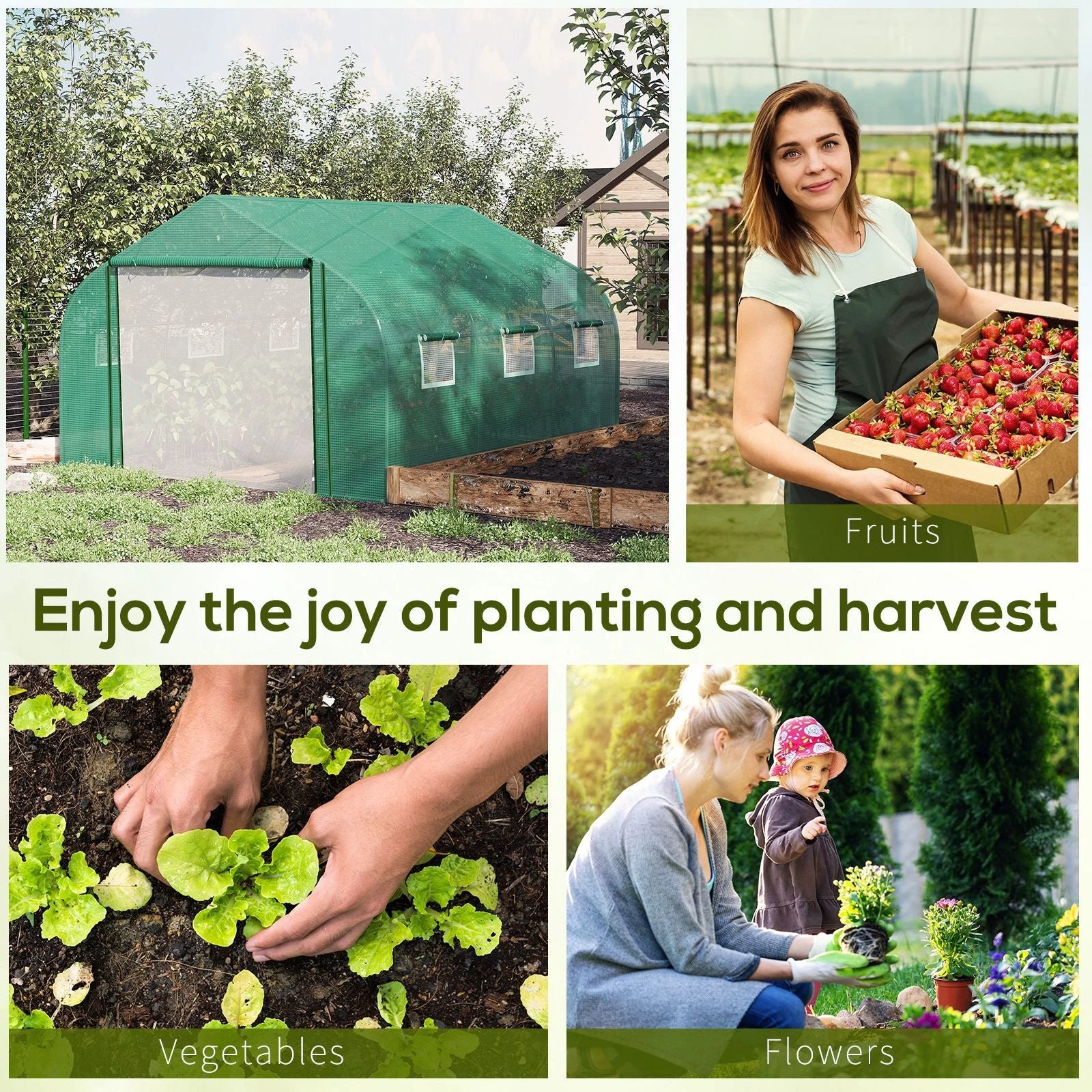Outsunny Walk-in Garden Greenhouse Zippered Roll Up Door & 6 Windows, 3.5 x 3 x 2m, Green - Greenhouse