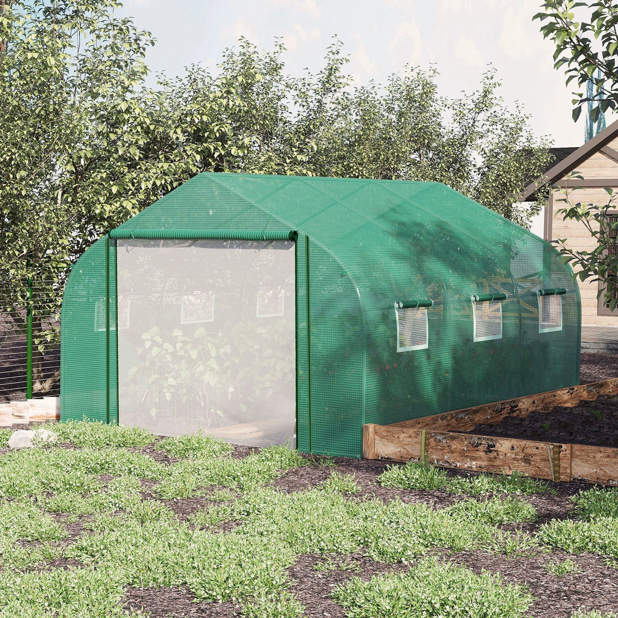 Outsunny Walk-in Garden Greenhouse Zippered Roll Up Door & 6 Windows, 3.5 x 3 x 2m, Green - Greenhouse