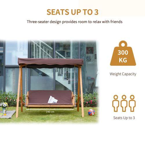 Outsunny 3 Seater Swing Chair & Adjustable Canopy, Wooden Hammock Bench Brown - Hammocks