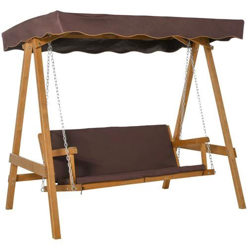 3 Seater Swing Chair & Adjustable Canopy, Wooden Hammock Bench Brown by Outsunny