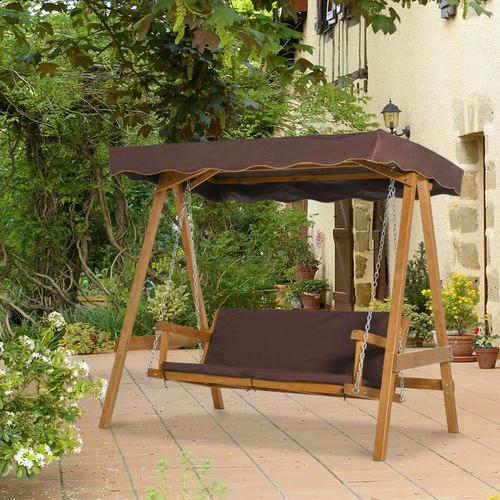 3 Seater Swing Chair & Adjustable Canopy, Wooden Hammock Bench Brown by Outsunny