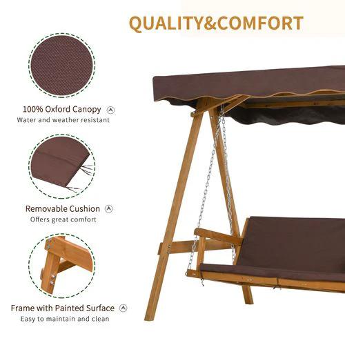 Outsunny 3 Seater Swing Chair & Adjustable Canopy, Wooden Hammock Bench Brown - Hammocks