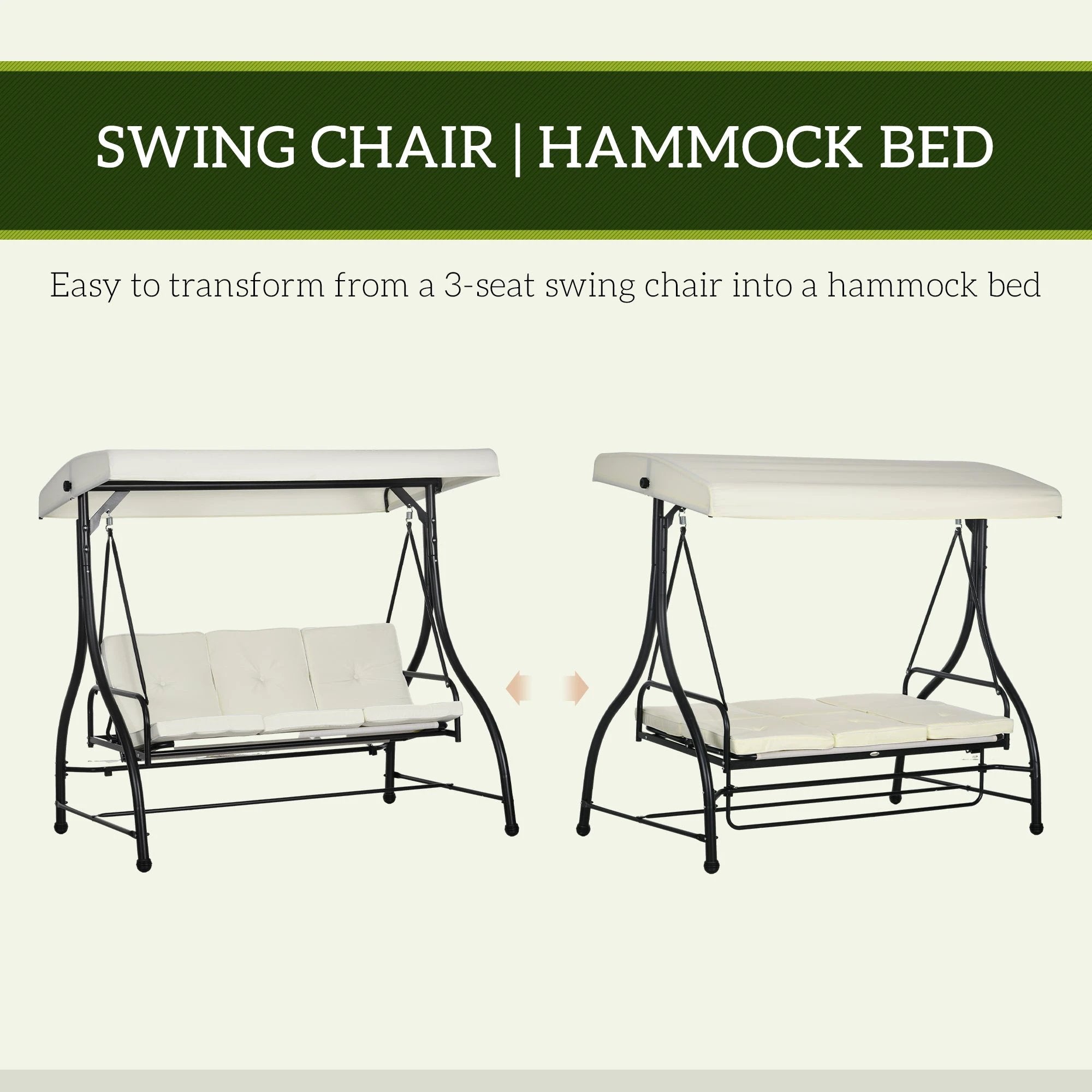 Outsunny Outsunny 3 Seater Canopy Swing Chair Porch Hammock Bed Rocking Bench Cream White - Hammocks