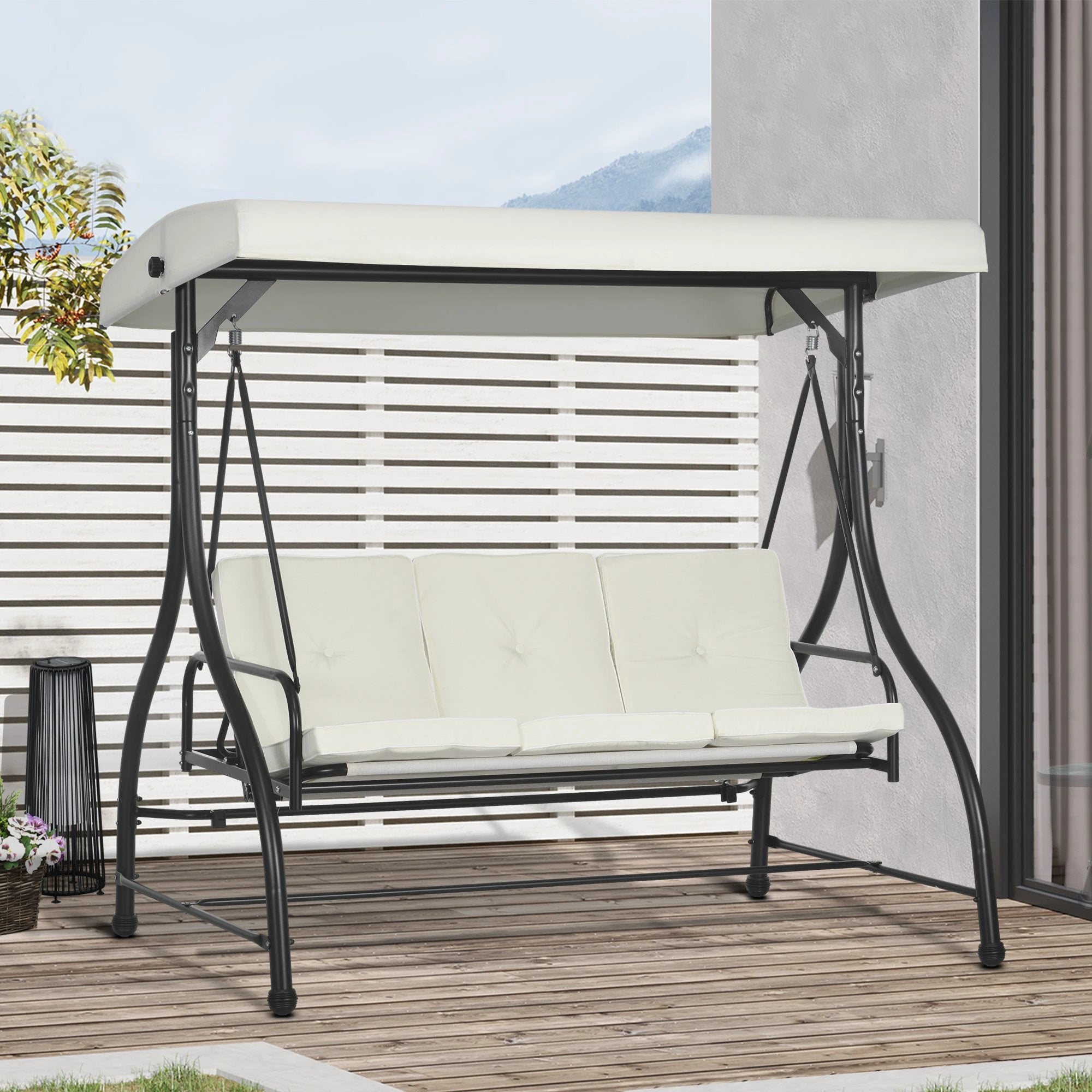 Outsunny 3 Seater Canopy Swing Chair Porch Hammock Bed Rocking Bench Cream White by Outsunny