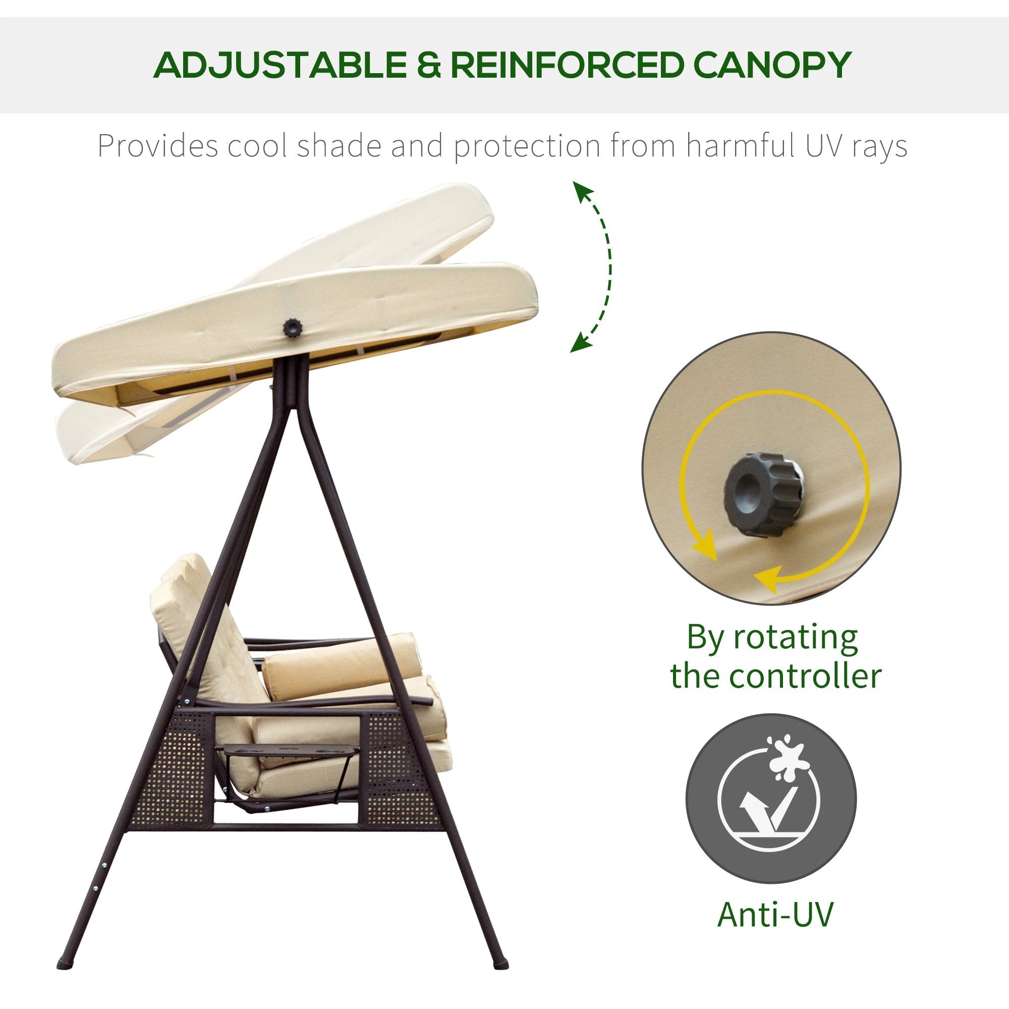 Outsunny Steel Swing Chair Hammock Garden 3 Seater Canopy Cushion Shelter Beige - Uncategorized Hammocks
