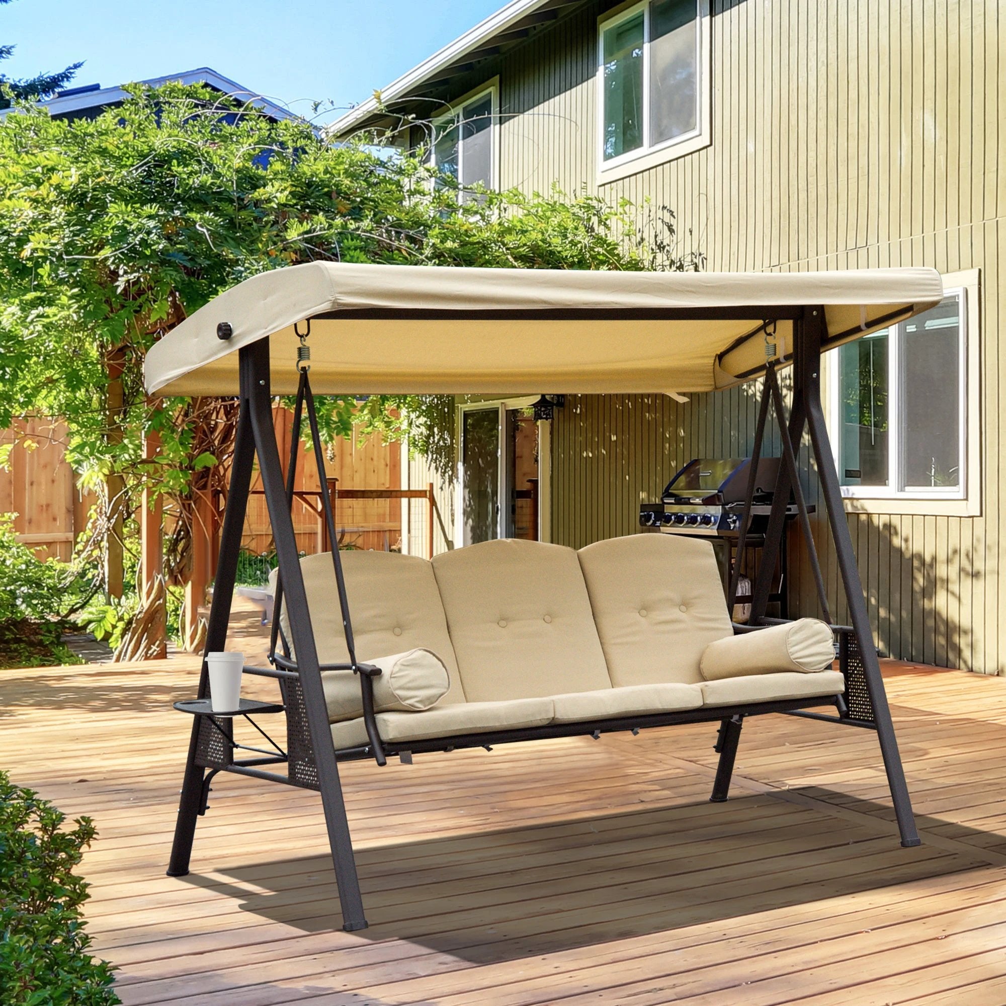Outsunny Steel Swing Chair Hammock Garden 3 Seater Canopy Cushion Shelter Beige - Uncategorized Hammocks