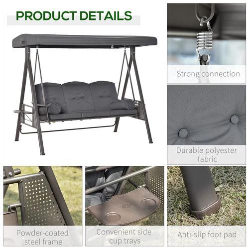 Steel Swing Chair Hammock Garden 3 Seater Canopy w/ Cushions Shelter by Outsunny