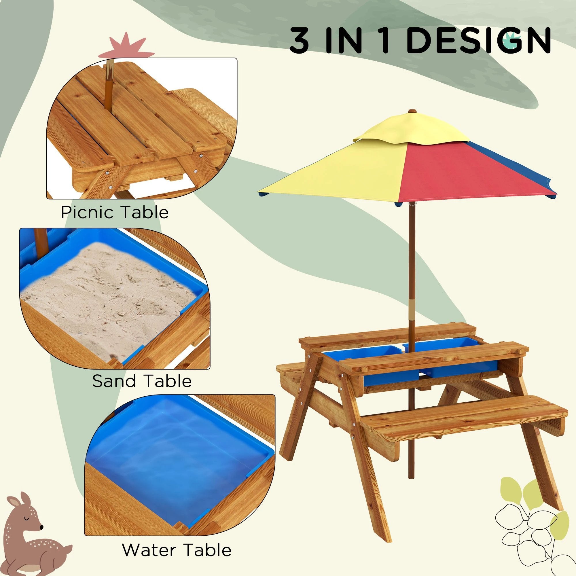 Outsunny Kids Picnic Table Set w/ Sand and Water, Removable Parasol - Brown by Outsunny