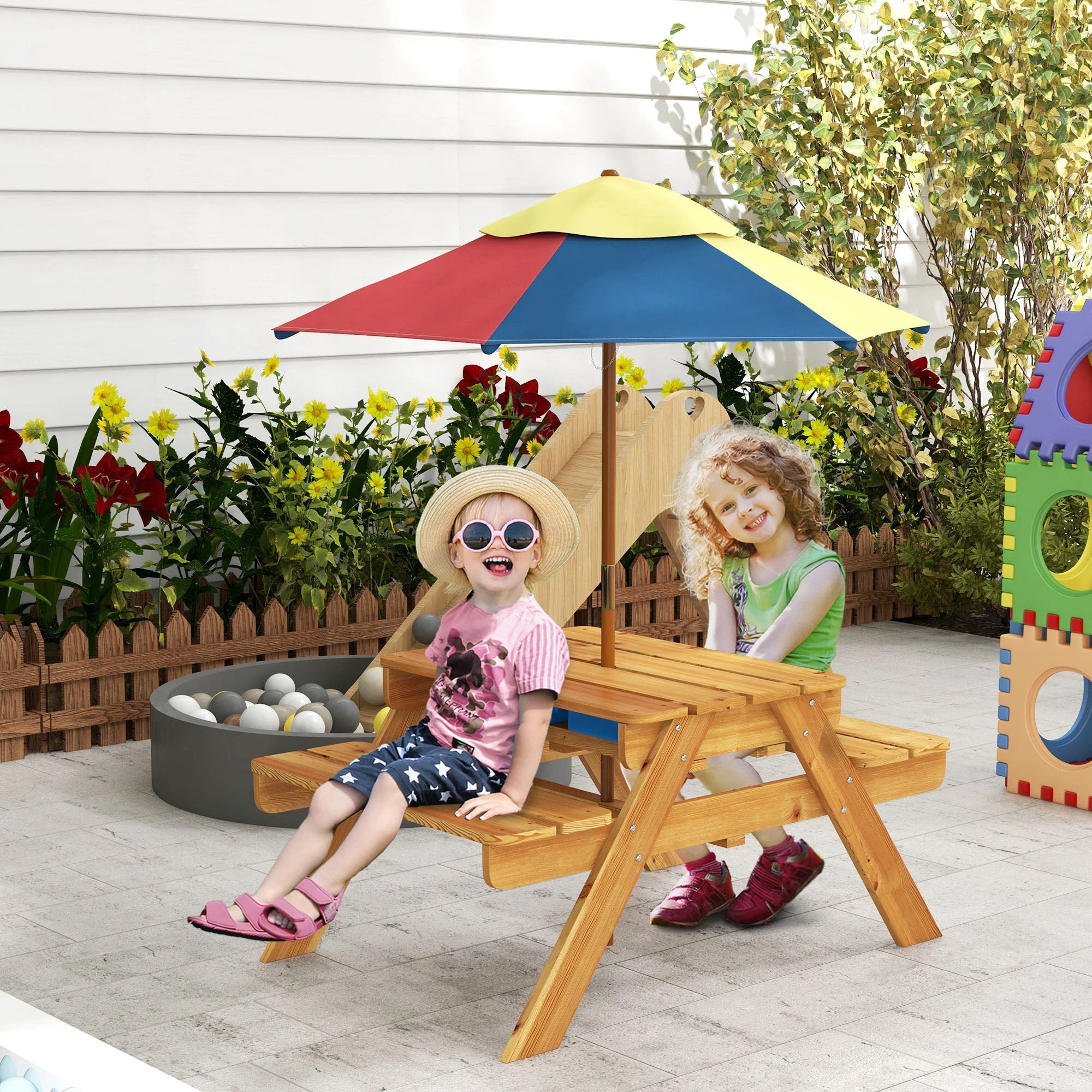 Outsunny Kids Picnic Table Set w/ Sand and Water, Removable Parasol - Brown by Outsunny