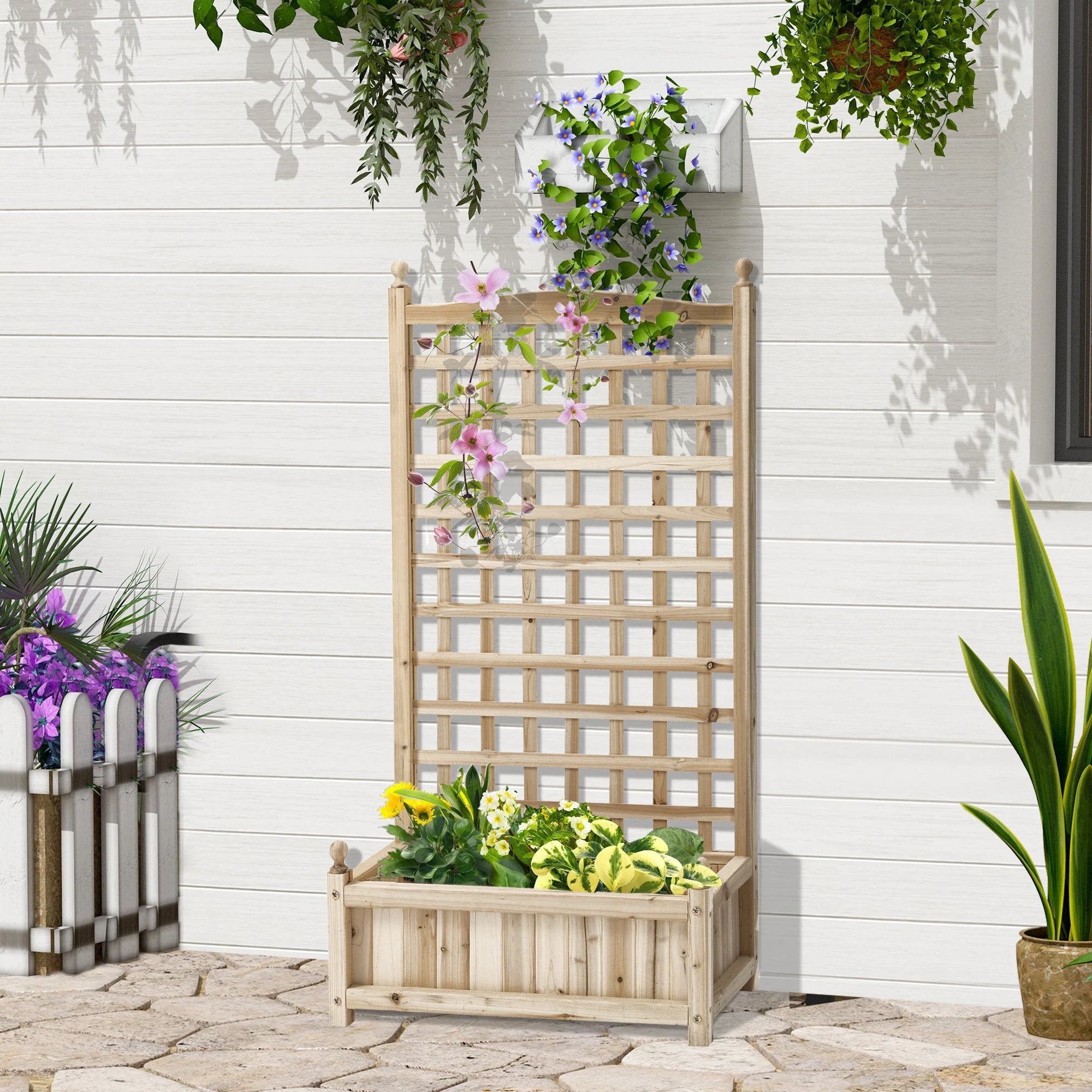 Outsunny Raised Garden Bed with Trellis Garden Planters Indoor Outdoor Natural by Outsunny