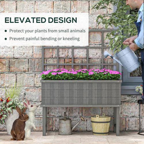 Outsunny Wood Raised Planter w/ Trellis Drain Holes Elevated Garden Bed Grey by Outsunny
