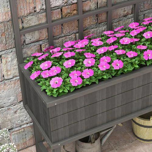 Outsunny Wood Raised Planter w/ Trellis Drain Holes Elevated Garden Bed Grey by Outsunny