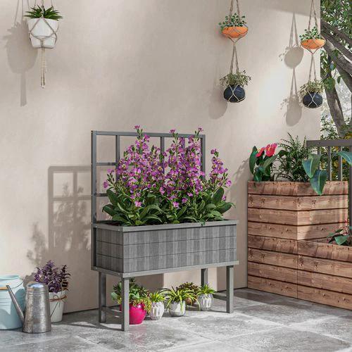Outsunny Outsunny Wood Raised Planter w/ Trellis Drain Holes Elevated Garden Bed Grey - Raised Beds
