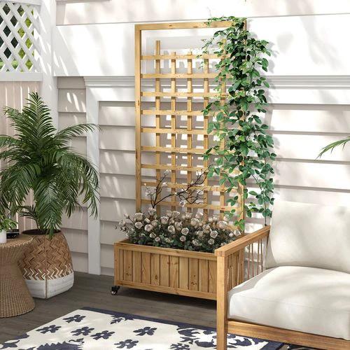 Outsunny Outsunny Wooden Trellis Planter, Raised Garden Bed with Wheels and Bed Liner - Raised Beds