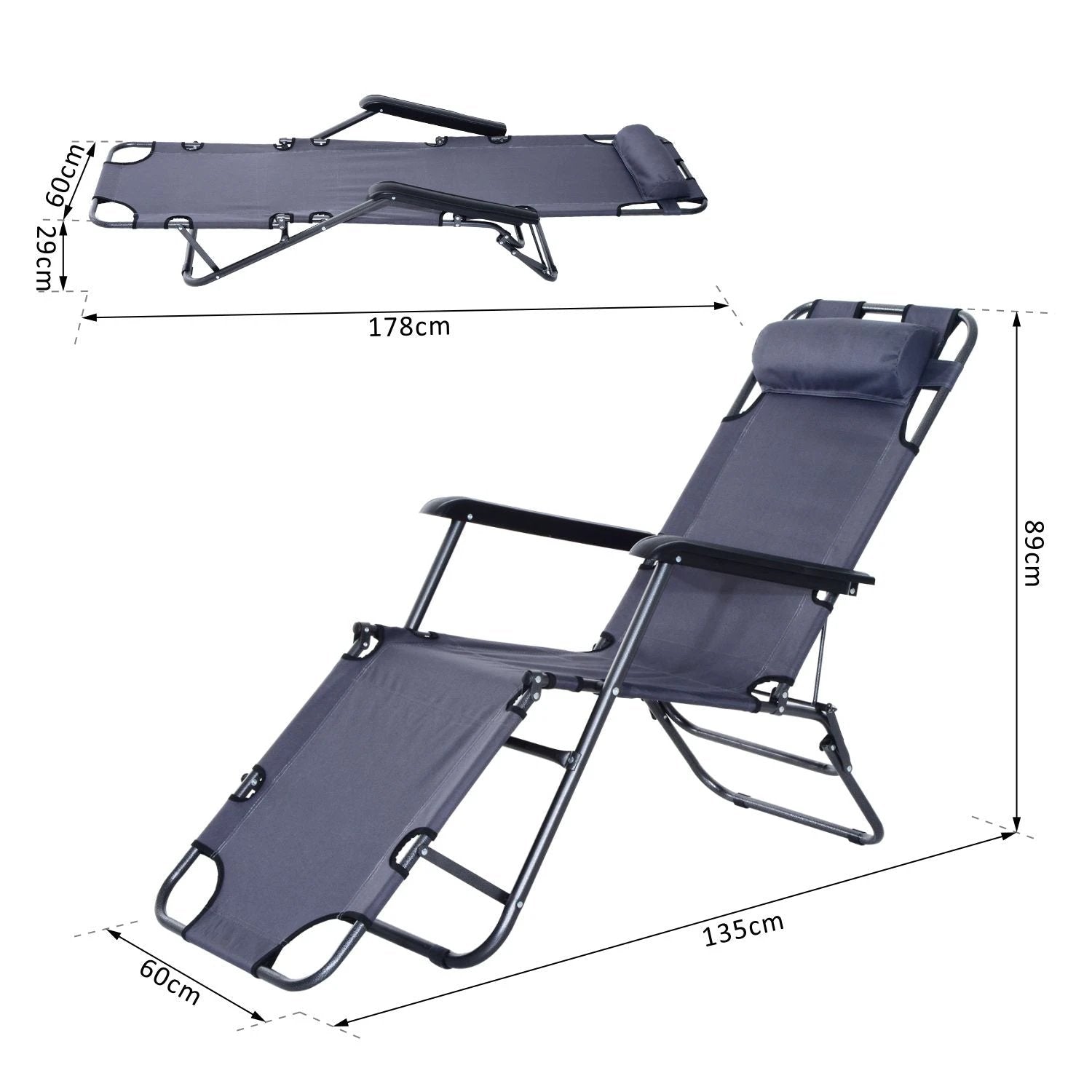 Outsunny 2 in 1 Sun Lounger Folding Reclining Chair Camping Adjustable Back & Pillow - Sun Lounger