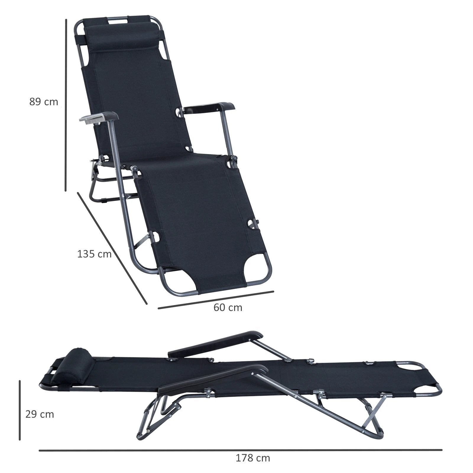 2 in 1 Sun Lounger Folding Reclining Chair Camping Adjustable Back & Pillow by Outsunny