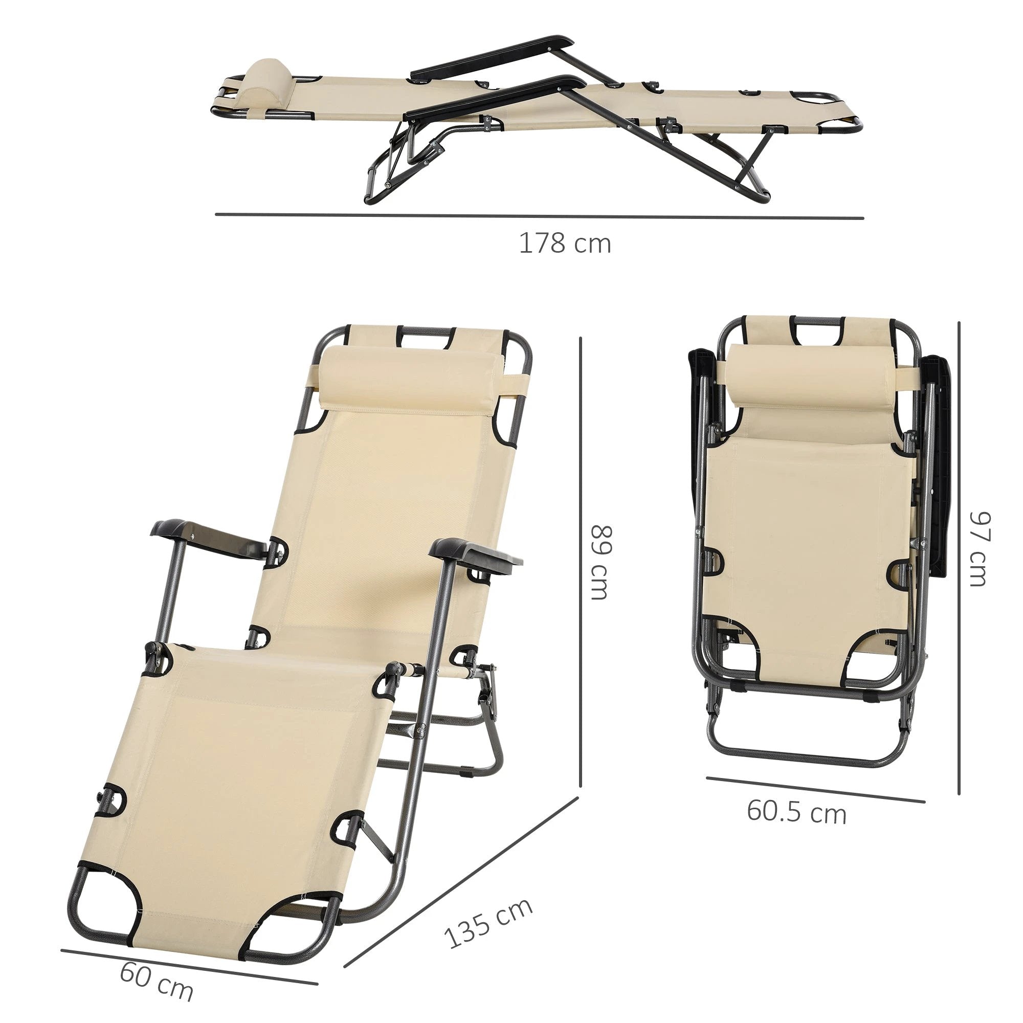 2 in 1 Sun Lounger Folding Reclining Chair Camping Adjustable Back & Pillow by Outsunny
