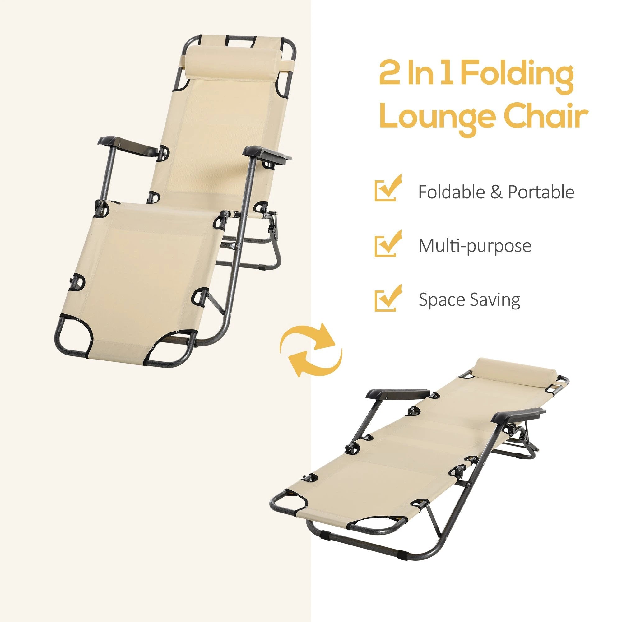 2 in 1 Sun Lounger Folding Reclining Chair Camping Adjustable Back & Pillow by Outsunny