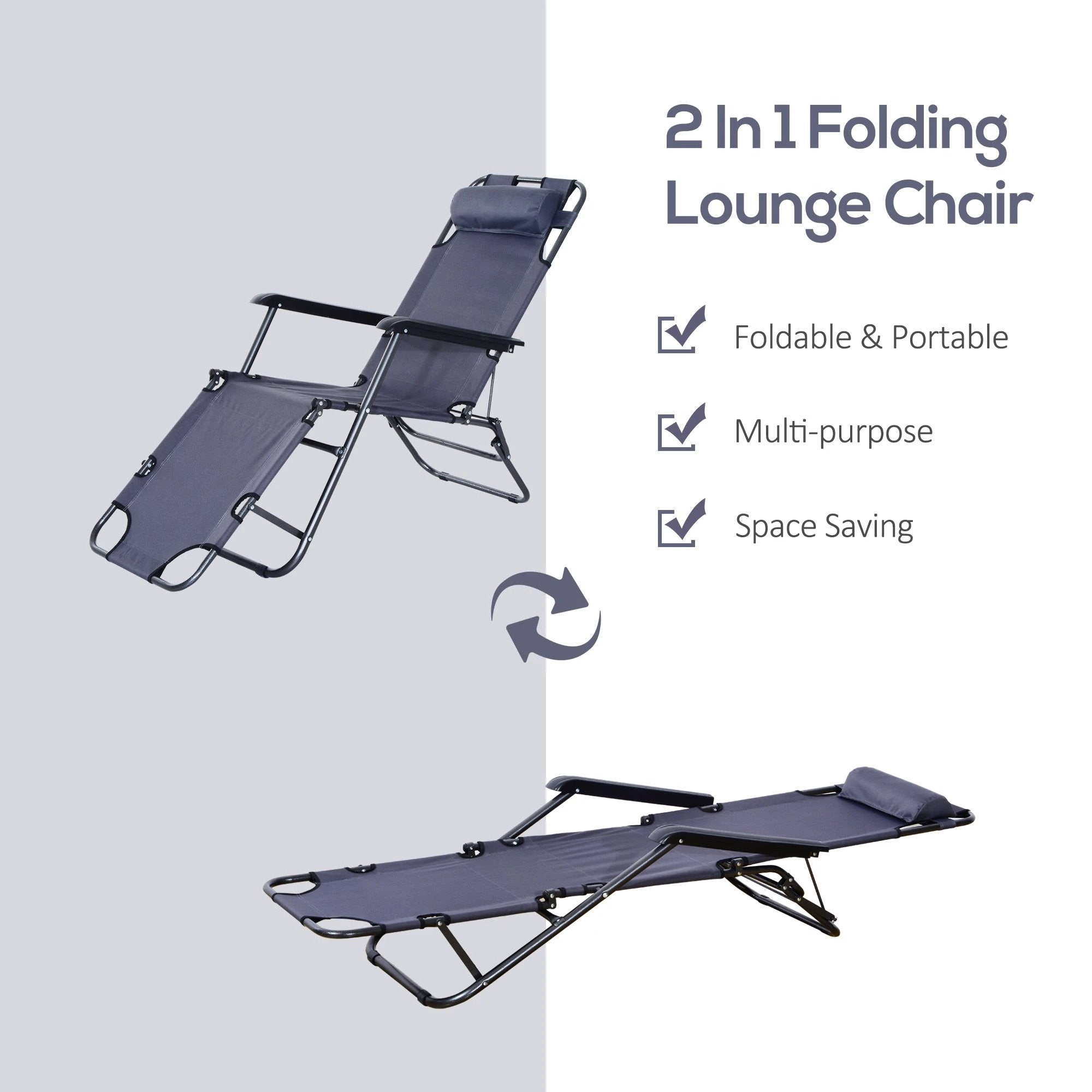 Outsunny 2 in 1 Sun Lounger Folding Reclining Chair Camping Adjustable Back & Pillow - Sun Lounger