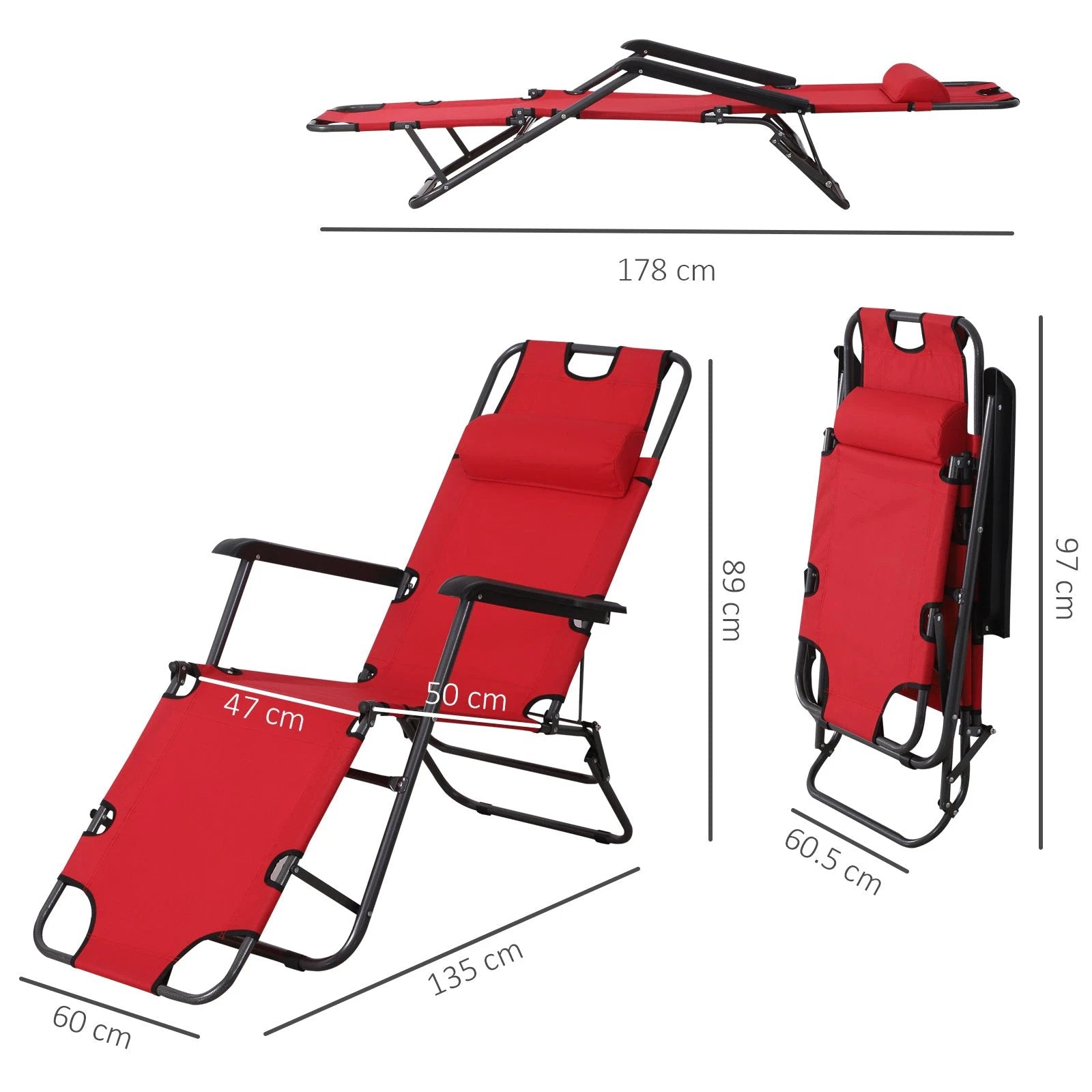 Outsunny 2 in 1 Sun Lounger Folding Reclining Chair Camping Adjustable Back & Pillow - Sun Lounger