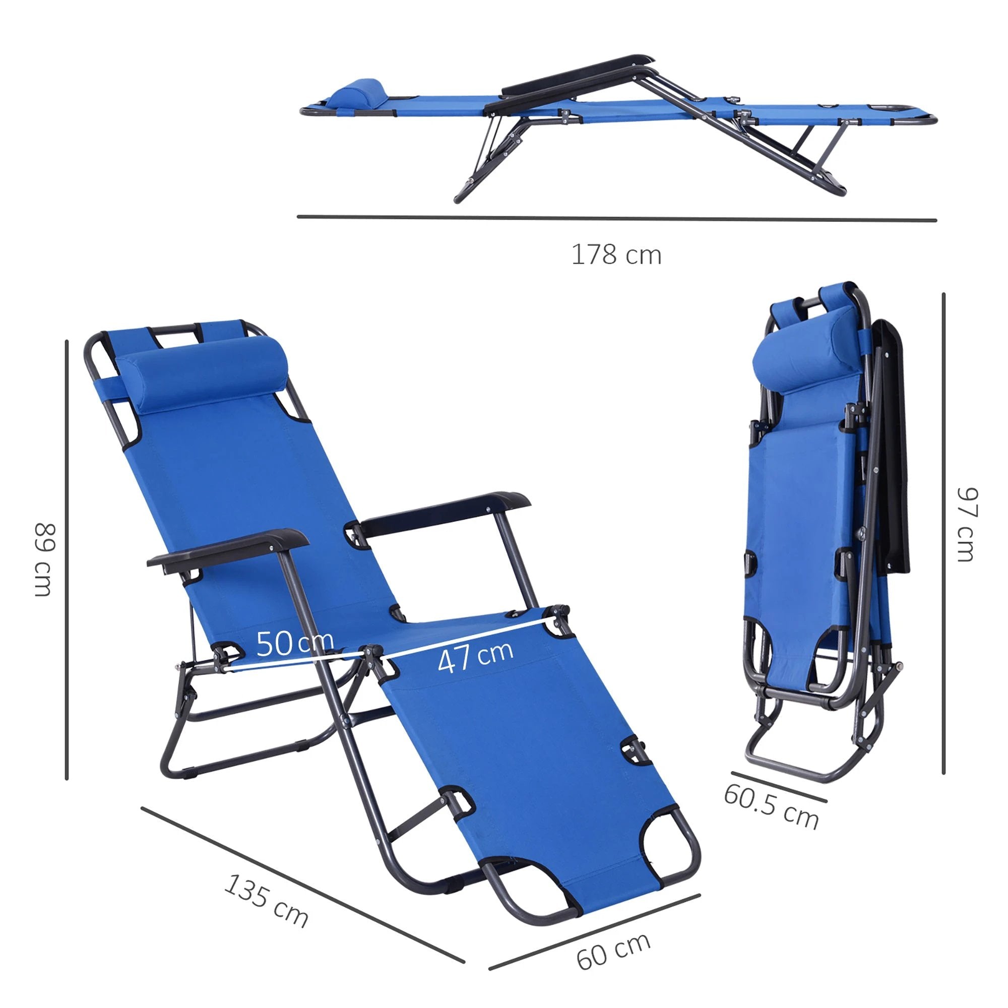 2 in 1 Sun Lounger Folding Reclining Chair Camping Adjustable Back & Pillow by Outsunny