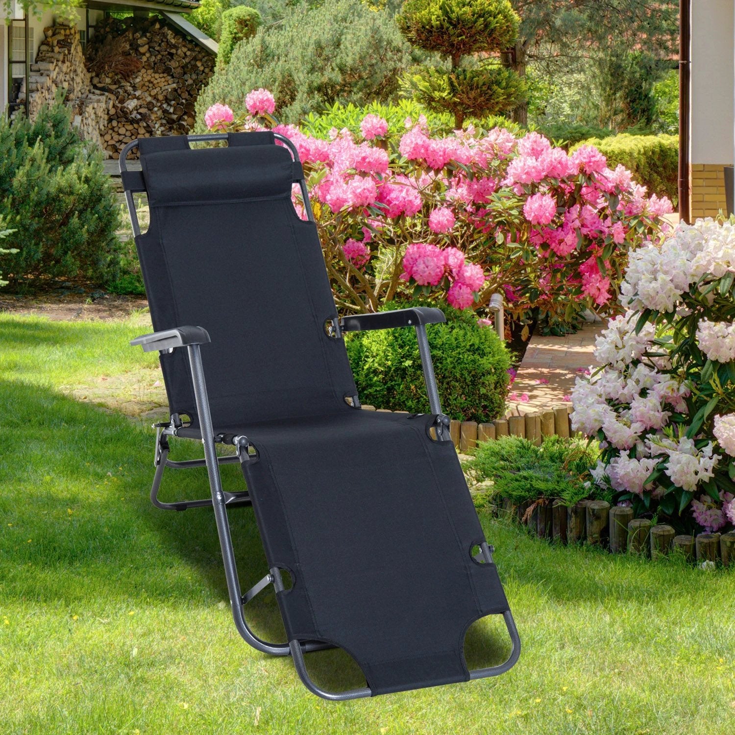 2 in 1 Sun Lounger Folding Reclining Chair Camping Adjustable Back & Pillow by Outsunny