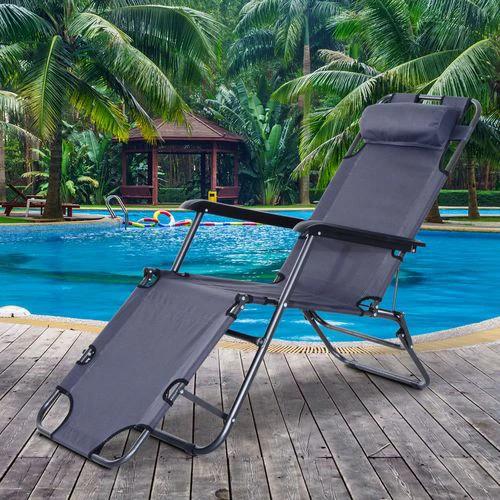 2 in 1 Sun Lounger Folding Reclining Chair Camping Adjustable Back & Pillow by Outsunny
