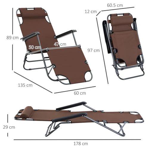 2 in 1 Outdoor Folding Sun Lounger Adjustable Back and Pillow Brown by Outsunny