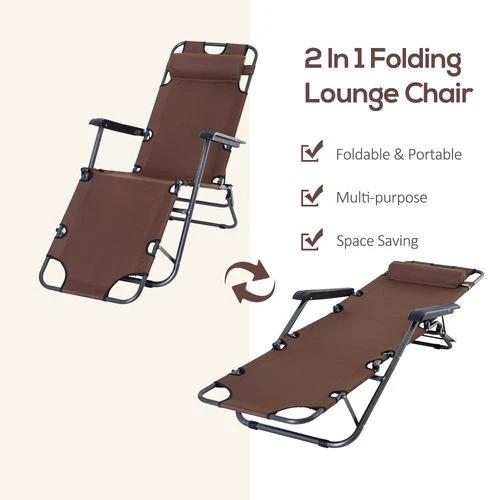 2 in 1 Outdoor Folding Sun Lounger Adjustable Back and Pillow Brown by Outsunny