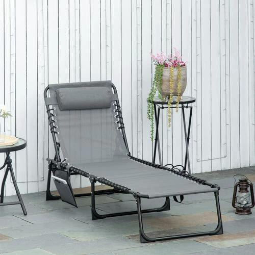 Outsunny Portable Sun Lounger, Reclining Lounge Chair 5-position Adjustable Pillow Grey - Sun Lounger