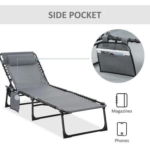 Outsunny Portable Sun Lounger, Reclining Lounge Chair 5-position Adjustable Pillow Grey - Sun Lounger