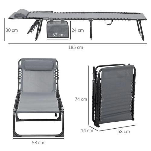 Outsunny Portable Sun Lounger, Reclining Lounge Chair 5-position Adjustable Pillow Grey - Sun Lounger